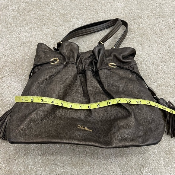 Cole Haan Womens Metallic Brown Leather Tassel Drawstring Satchel Handbag Bronze - Picture 4 of 16